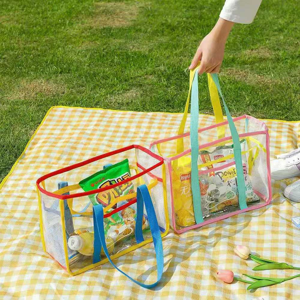 Lightweight Reusable PVC Mesh Side Transparent Makeup Wash Tote Bag Clear Travel Packaging for Beach Picnic Park details