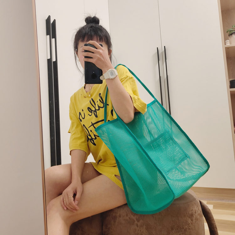 New Wholesale Plastic Polyester Beach Mesh Tote Bags Solid Color Women's One Shoulder Mesh Beach Bags