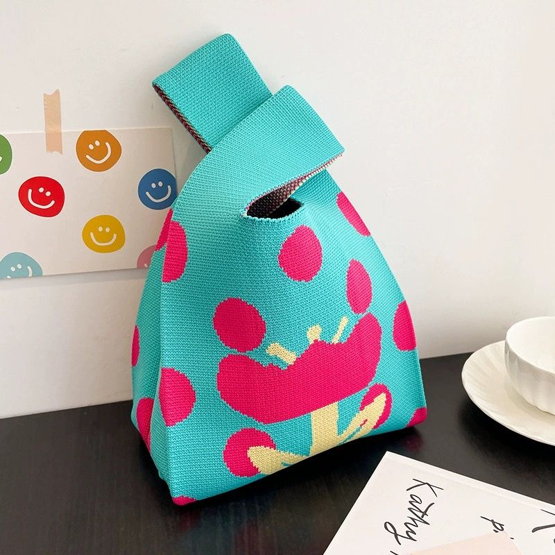 Small Folding Style Multi-Use Shopping Tote Bag Custom Cartoon Patterns Knitted Fabric Bag